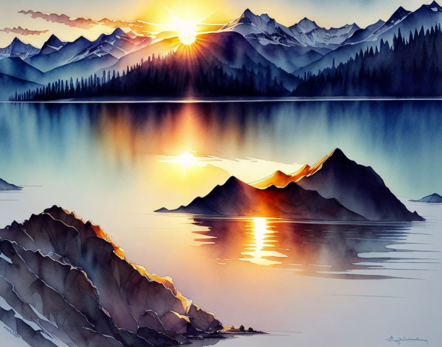 Serene sunset lake watercolor with mountain silhouettes