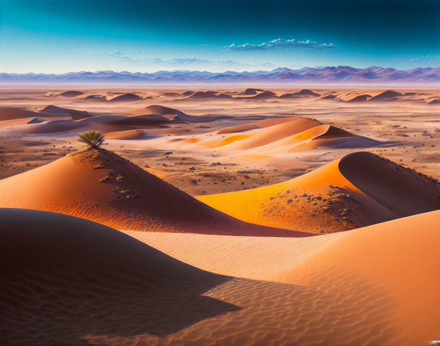 Orange Sand Dunes with Wavy Patterns and Solitary Tree in Desert Landscape