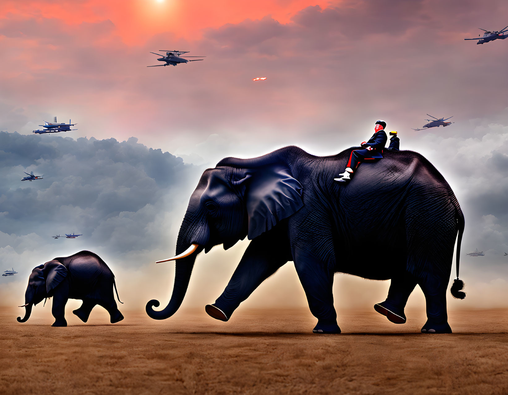Person in red and black attire rides large elephant with smaller elephant under dramatic sky.