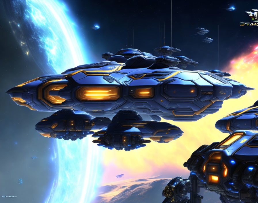 Detailed sci-fi artwork: Futuristic spaceships over glowing planet, stars, blue nebula