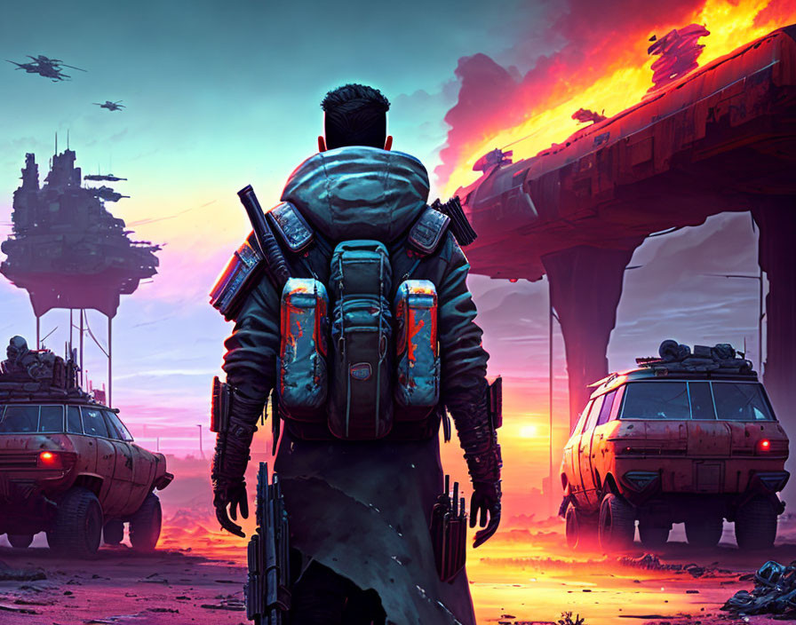 Person with backpack observing dystopian landscape with armored vehicles and fiery sky.