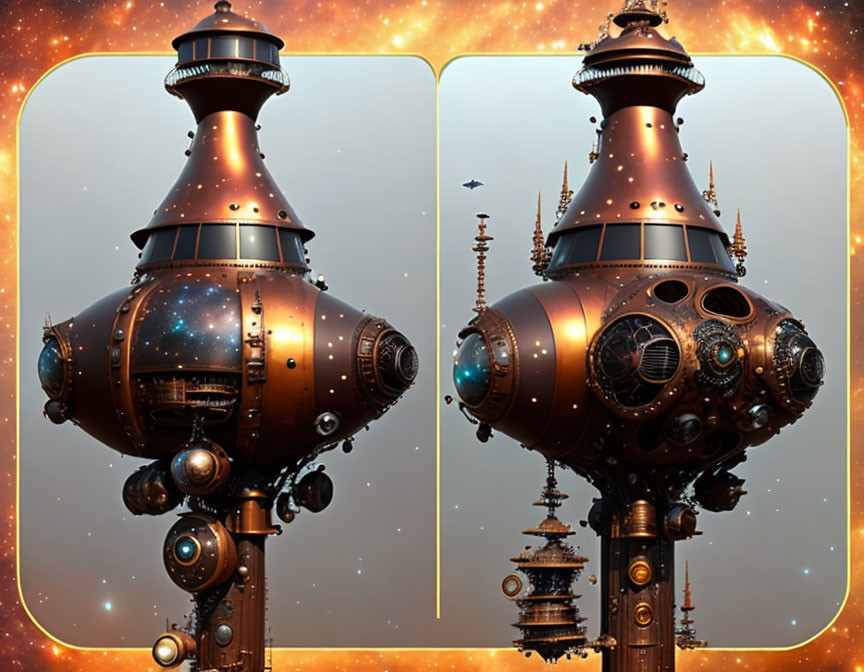 Steampunk-style space observatory with intricate metalwork against cosmic background