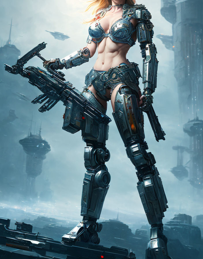Futuristic female cyborg with human torso and robotic limbs in urban setting