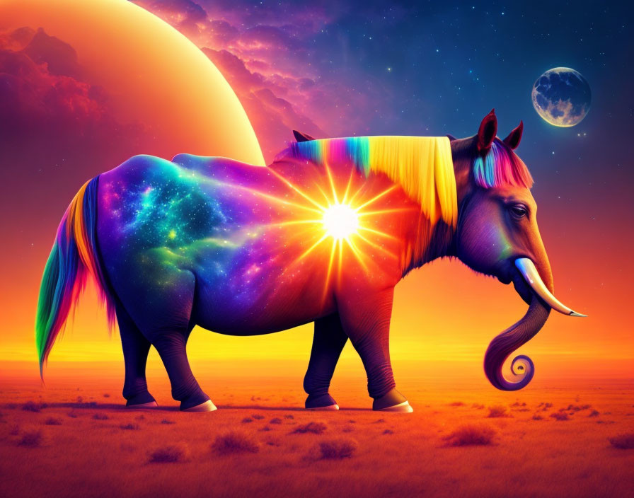 Fantastical creature with horse body, elephant trunk, galaxy skin, shining chest, under sunset sky