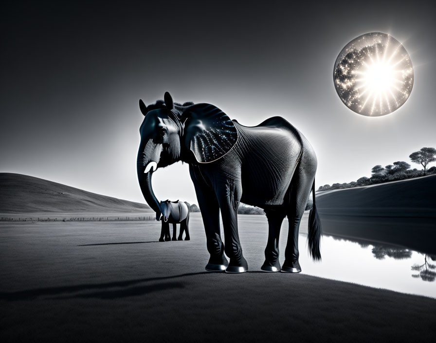 Adult and baby cybernetic elephants in monochrome landscape by water and sun