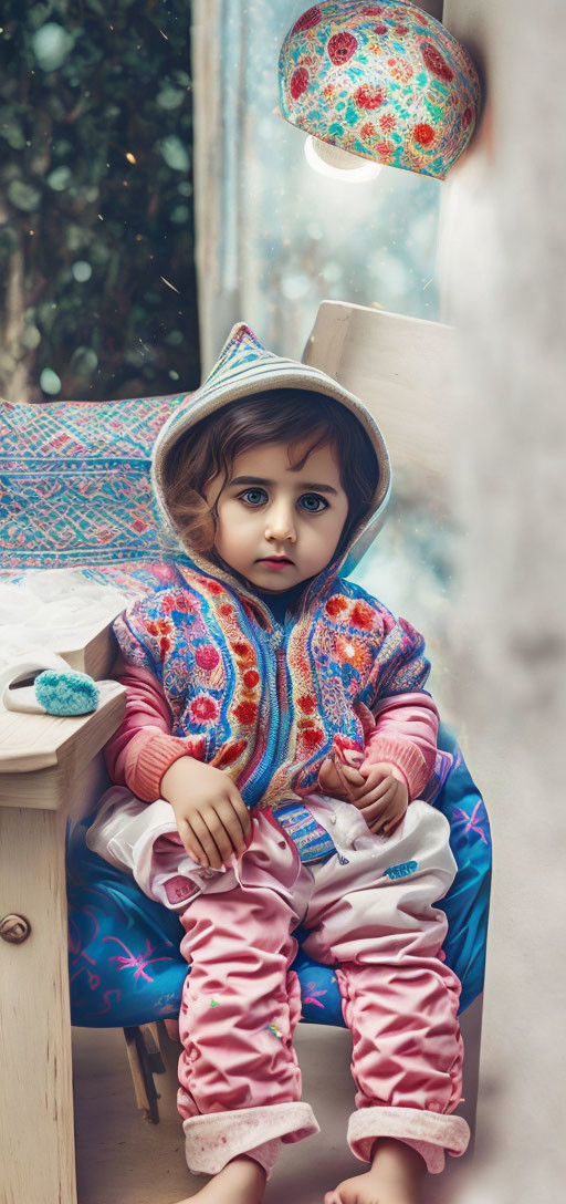 Toddler in colorful outfit sitting by window with cushion and lamp