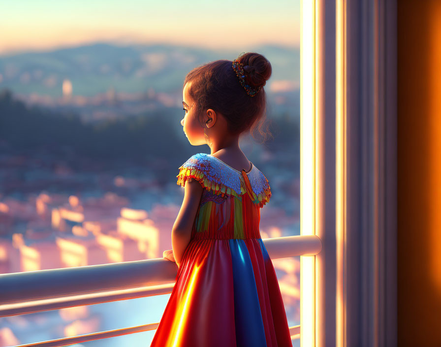 Young girl in colorful dress on balcony at sunset with cityscape view