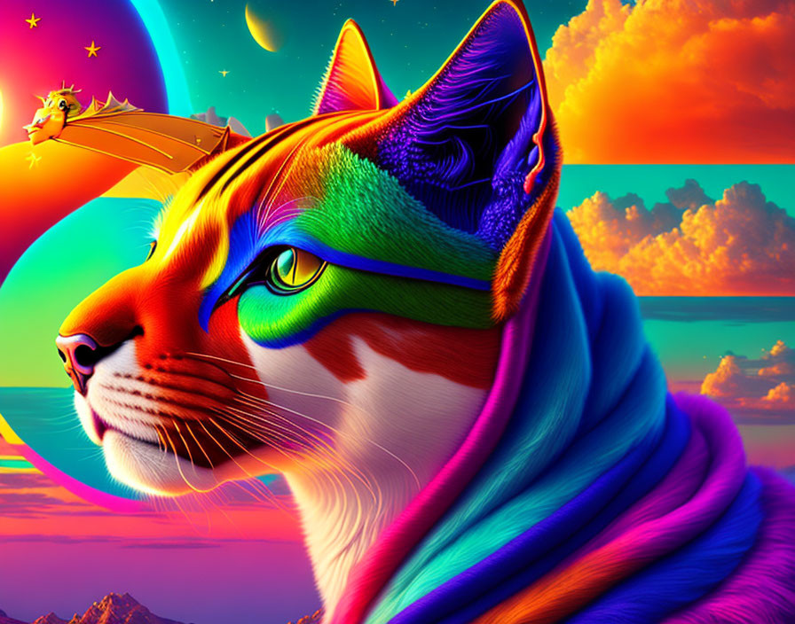 Colorful digital art: Majestic cat in rainbow sky with dragon