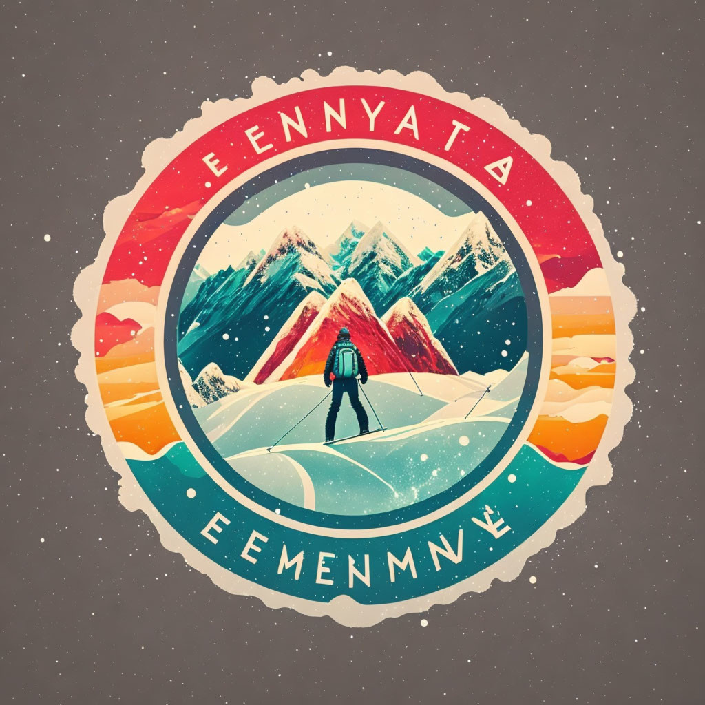 Circular Badge Design: Hiker in Snowy Mountain Landscape