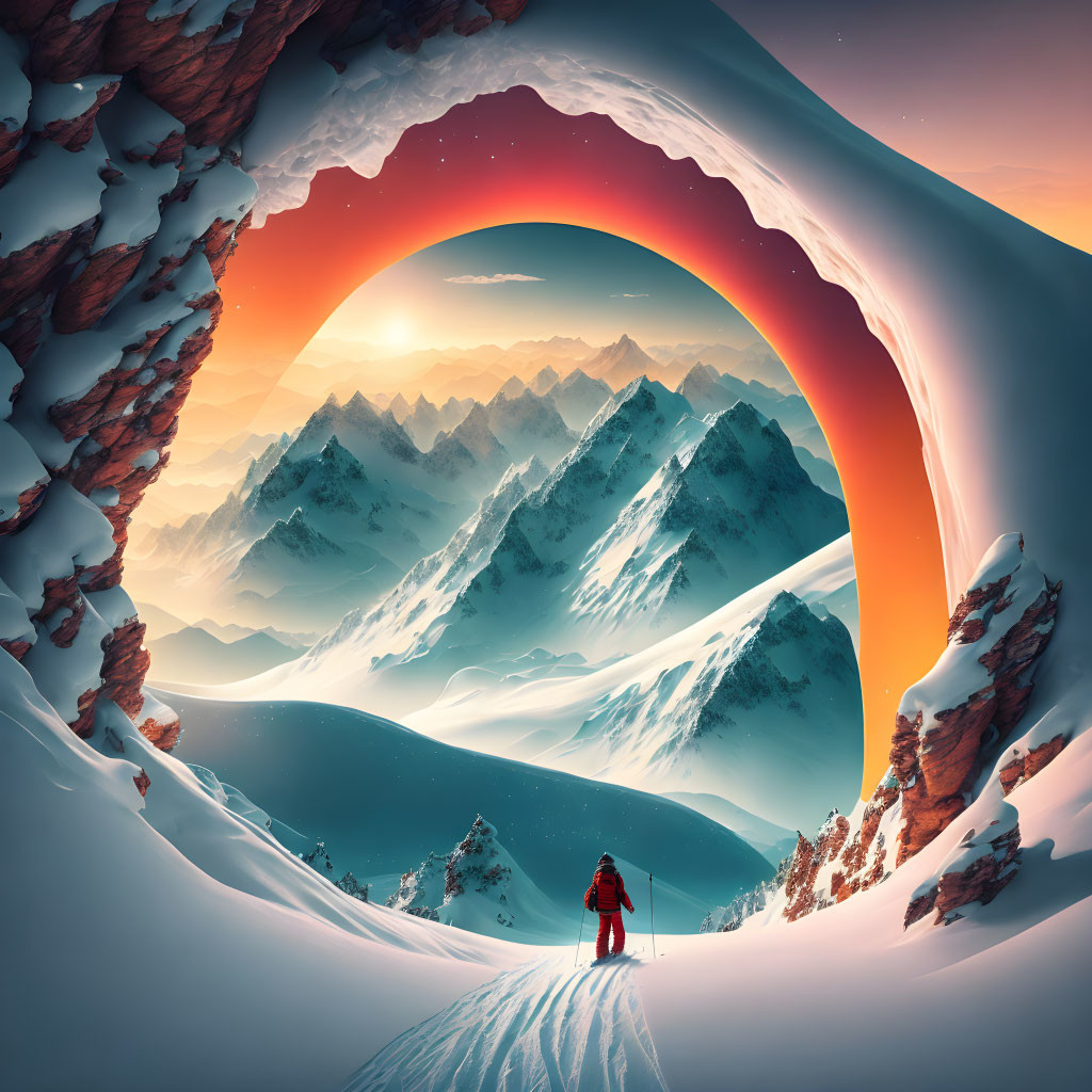 Person in red cloak gazes at snowy mountains at sunset