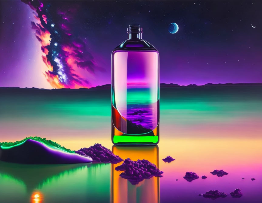 Colorful Landscape in Translucent Bottle with Cosmic Background