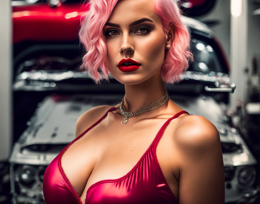 Pink-haired woman in red dress by open car hood in garage.