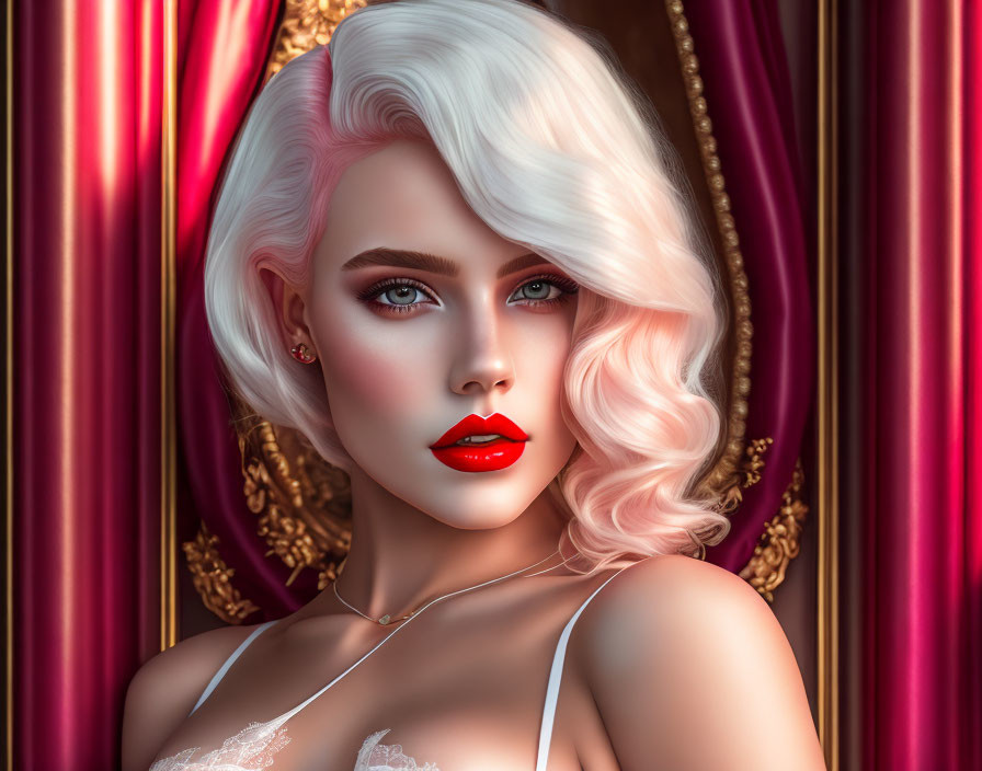 Digital illustration of woman with platinum blonde hair, blue eyes, red lips, against luxurious red curtain background