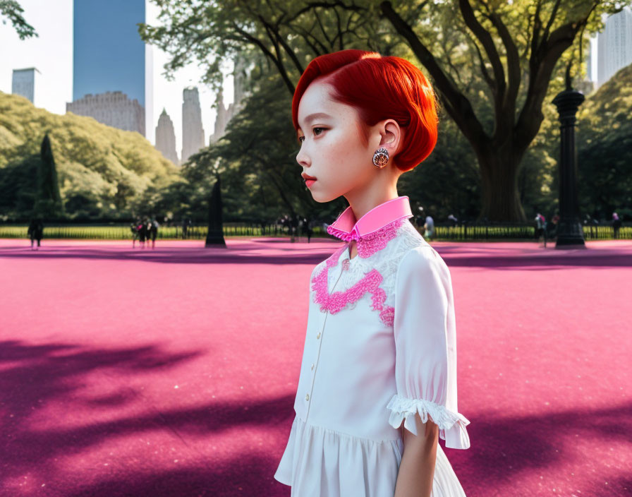 Vibrant red-haired woman in white blouse at city park with pink surface