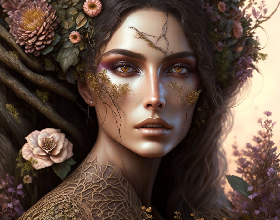 Detailed digital artwork featuring woman with floral headdress, golden skin accents.