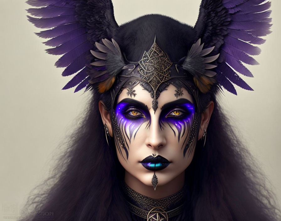 Person in dark makeup with purple feather headdress and metallic details.