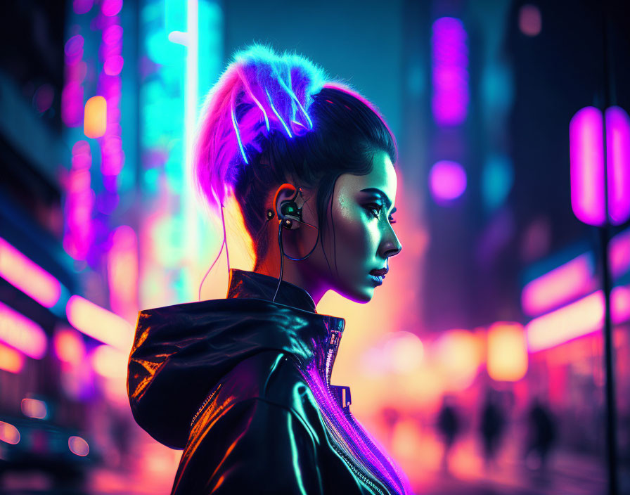 Glowing purple-haired woman with headphones in neon-lit city street