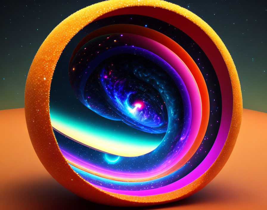 Colorful concentric circles with cosmic swirl on starry backdrop