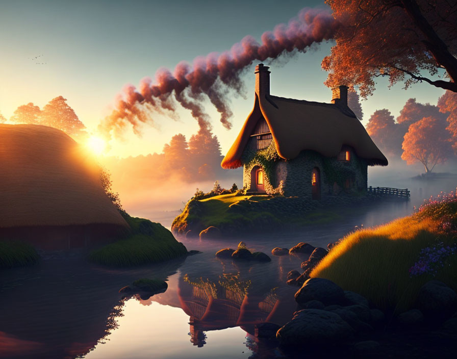 Riverside Thatched Cottage Sunset Scene