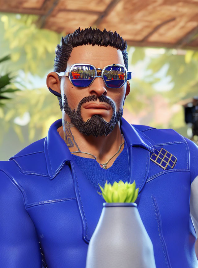 Stylized 3D character with beard and sunglasses in blue jacket with flower, outdoor scene