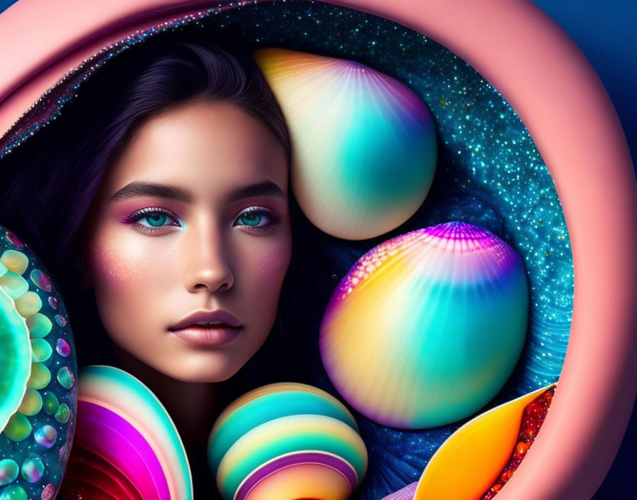 Vibrant surreal portrait of woman with colorful makeup and iridescent seashells in cosmic setting