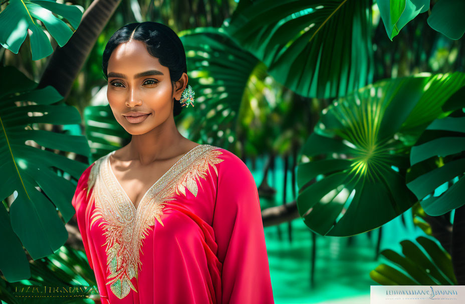 Woman in Red Outfit with Golden Embroidery Poses in Lush Green Foliage