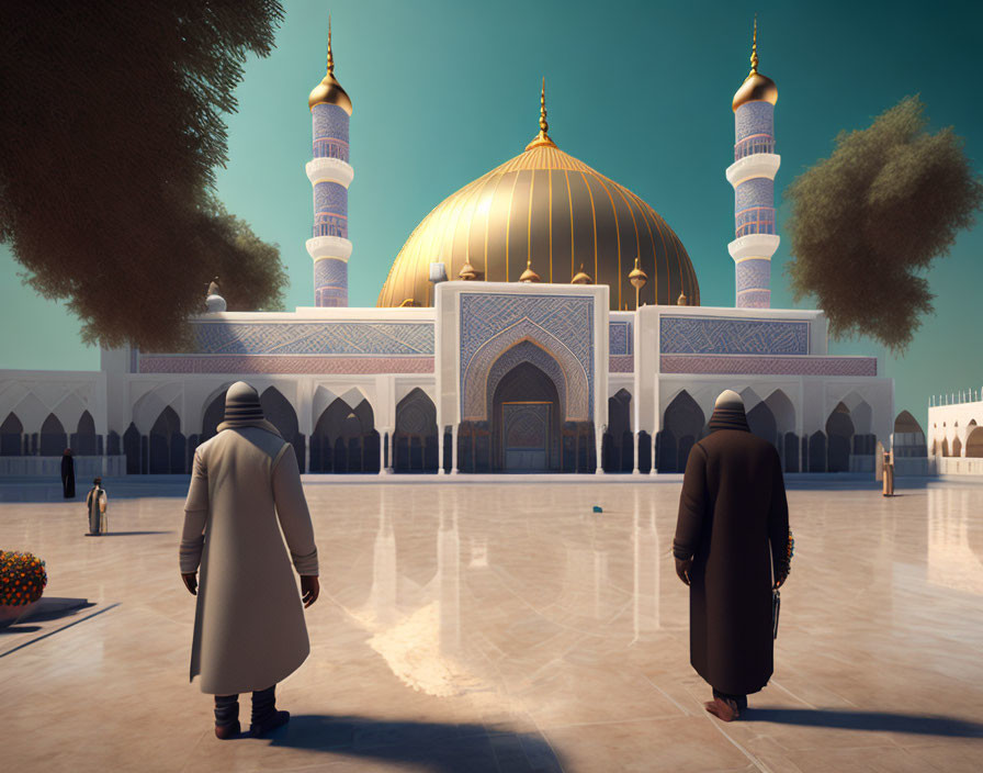 Ornate mosque with golden domes and minarets under clear sky