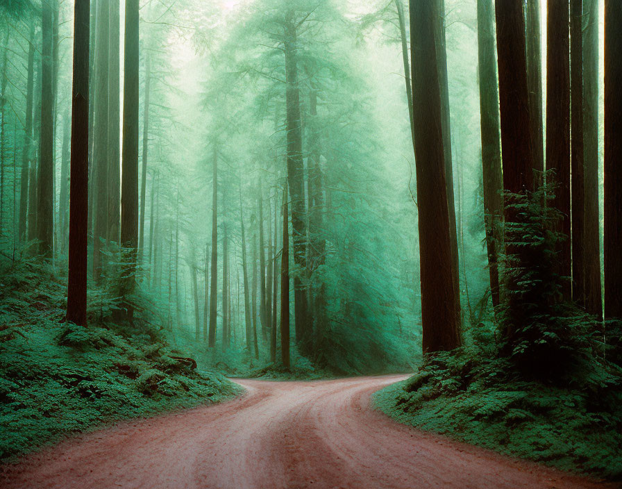 Misty forest scene with winding dirt road