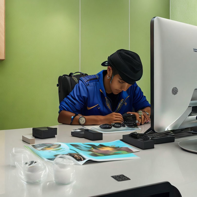 Person in Blue Shirt Works on Camera at Desk with Computer and Accessories