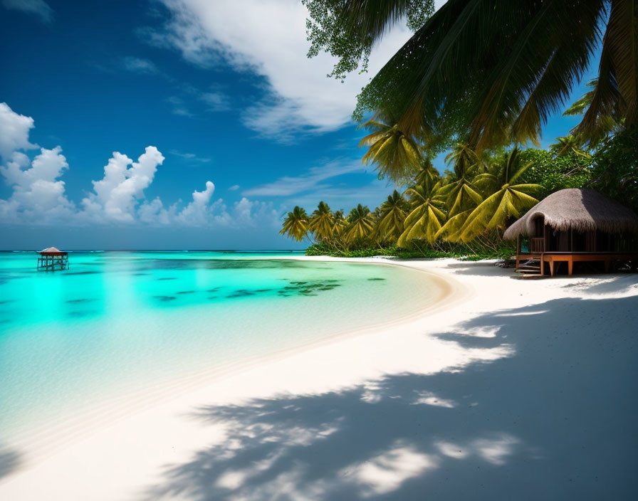 Idyllic Tropical Beach Scene with Palm Trees and Overwater Bungalow