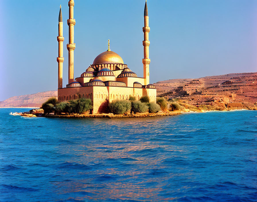 Mosque with slender minarets near water and hillside