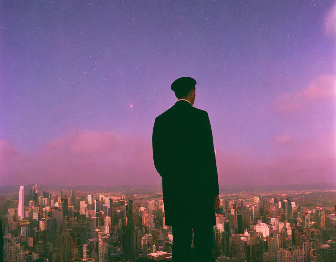 Businessman overlooking cityscape at twilight under purple sky