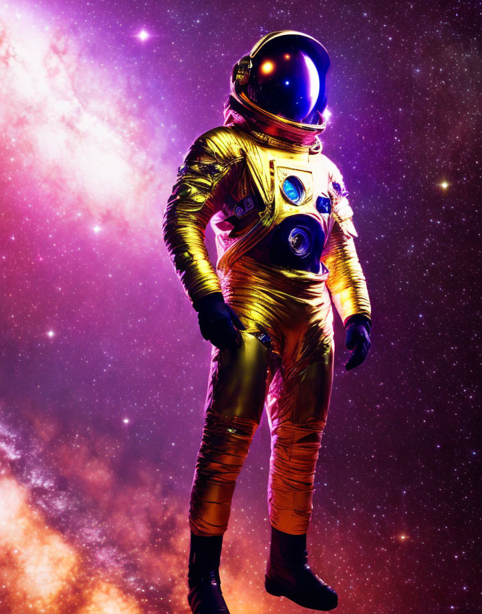 Golden spacesuit astronaut in vibrant cosmic background with stars and nebulae