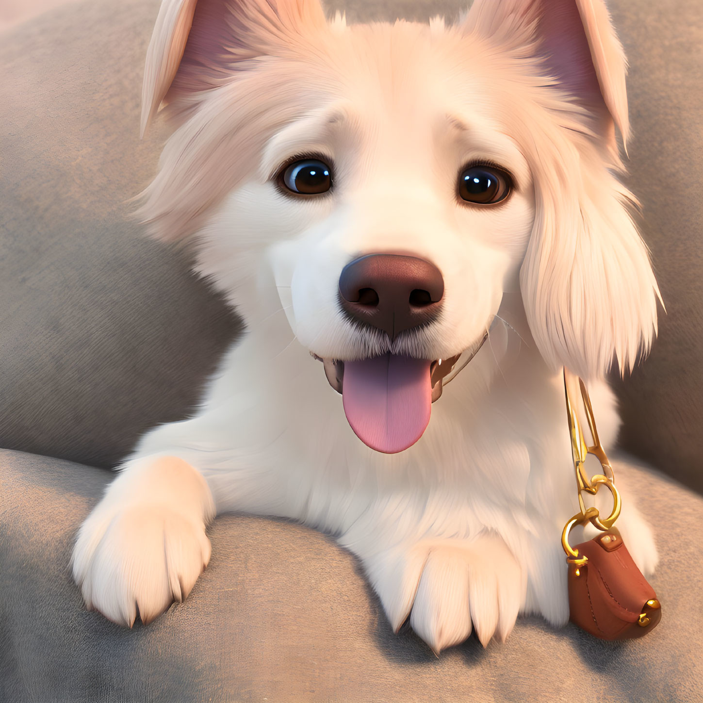 White and Brown Animated Dog with Collar and Tongue Out