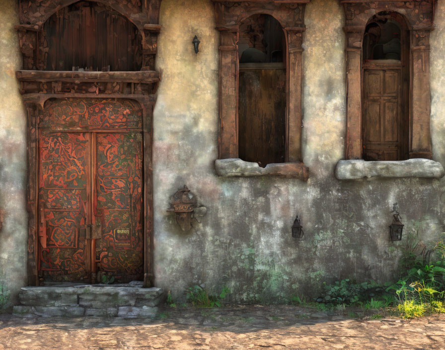 Weathered building facade with ornate wooden door and arched shutters