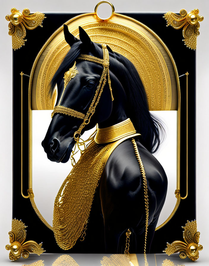 Regal black horse with golden embellishments in ornate frame
