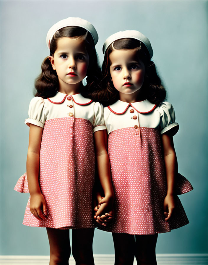 Two young girls in matching polka-dotted dresses and white headbands holding hands closely.