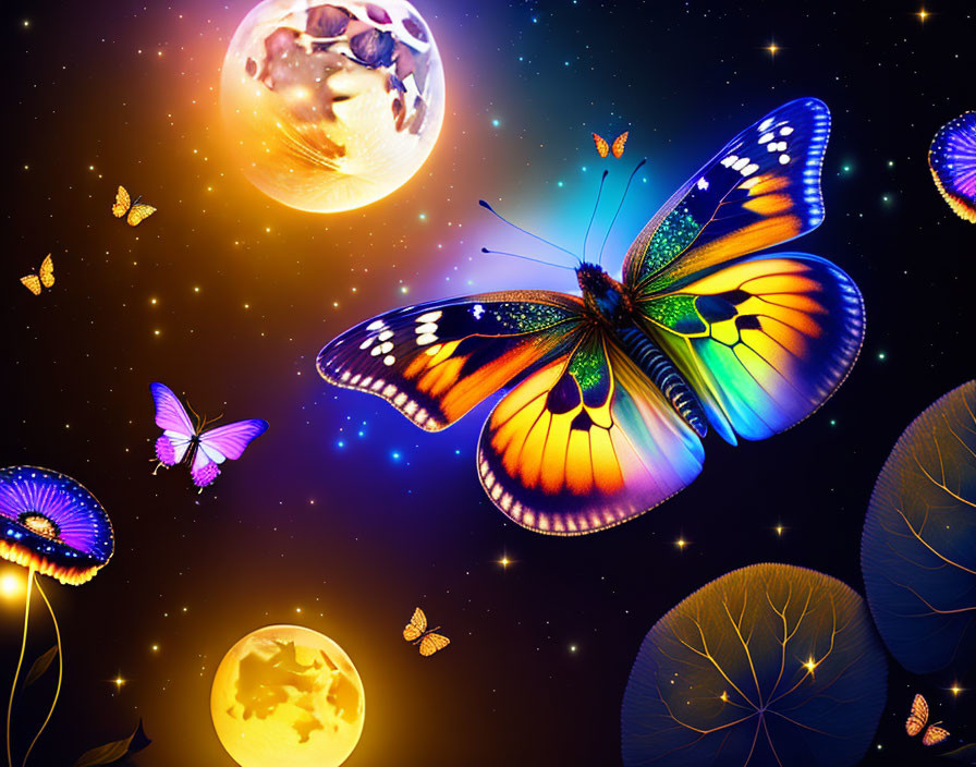 Colorful Butterfly and Space Scene with Moons and Jellyfish