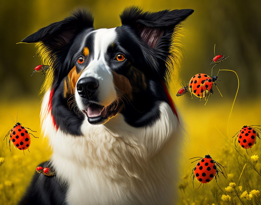 Black and white dog with brown markings surrounded by yellow flowers and ladybugs