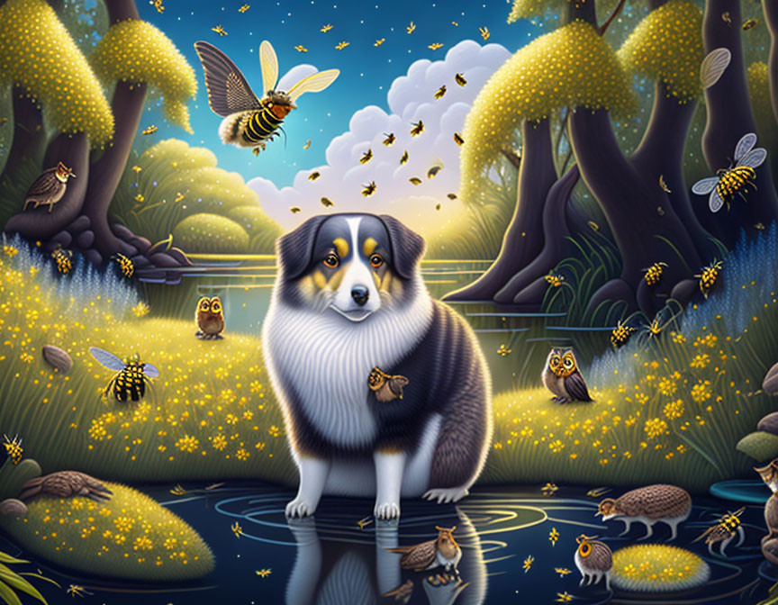 Whimsical nighttime forest scene with dog, fireflies, bees, owls, and ducks