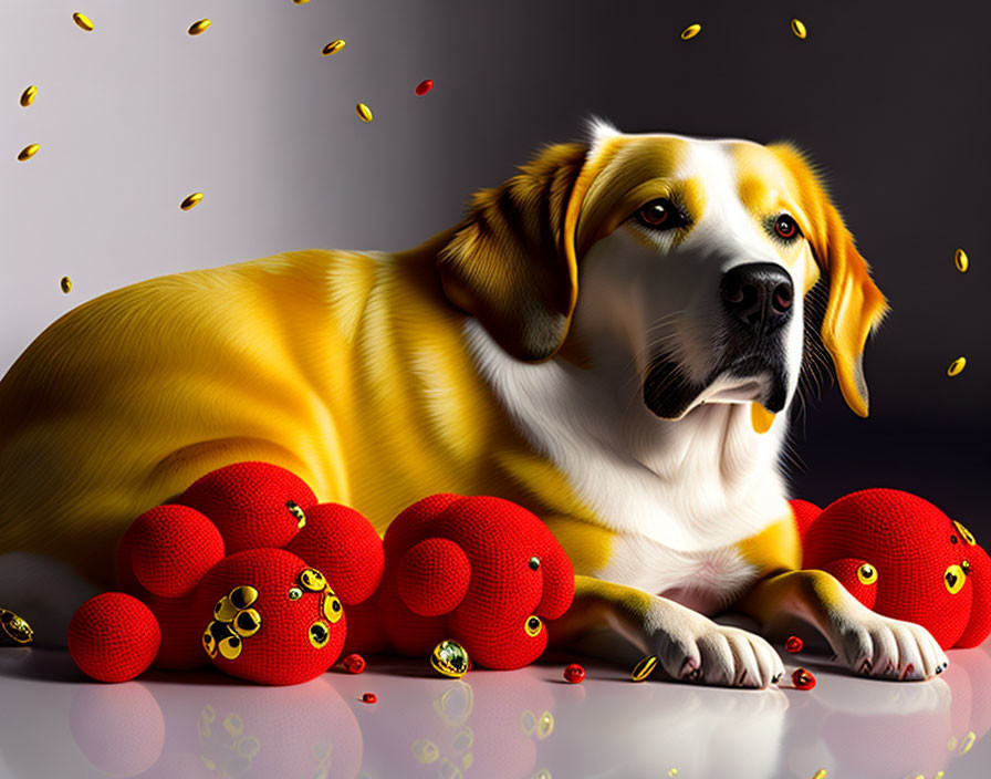 Yellow-covered dog surrounded by red balls and ladybugs in thoughtful pose with falling confetti particles.