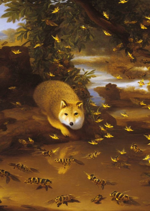 Fox resting under tree surrounded by flying bees in serene forest scene