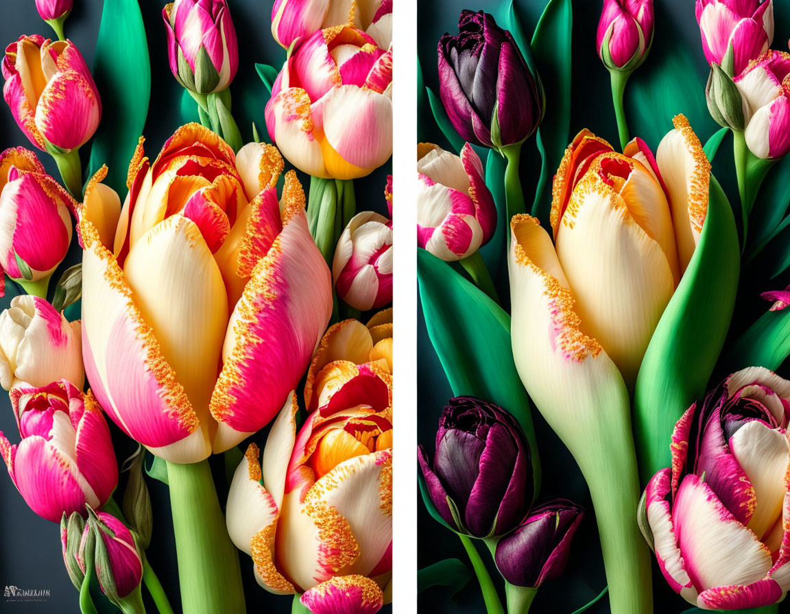 Vibrant side-by-side tulip images in pink, yellow, and purple hues