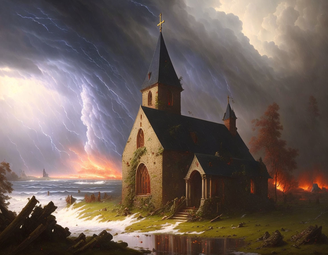 Old church in dramatic landscape with storm clouds, lightning, and wildfire glow