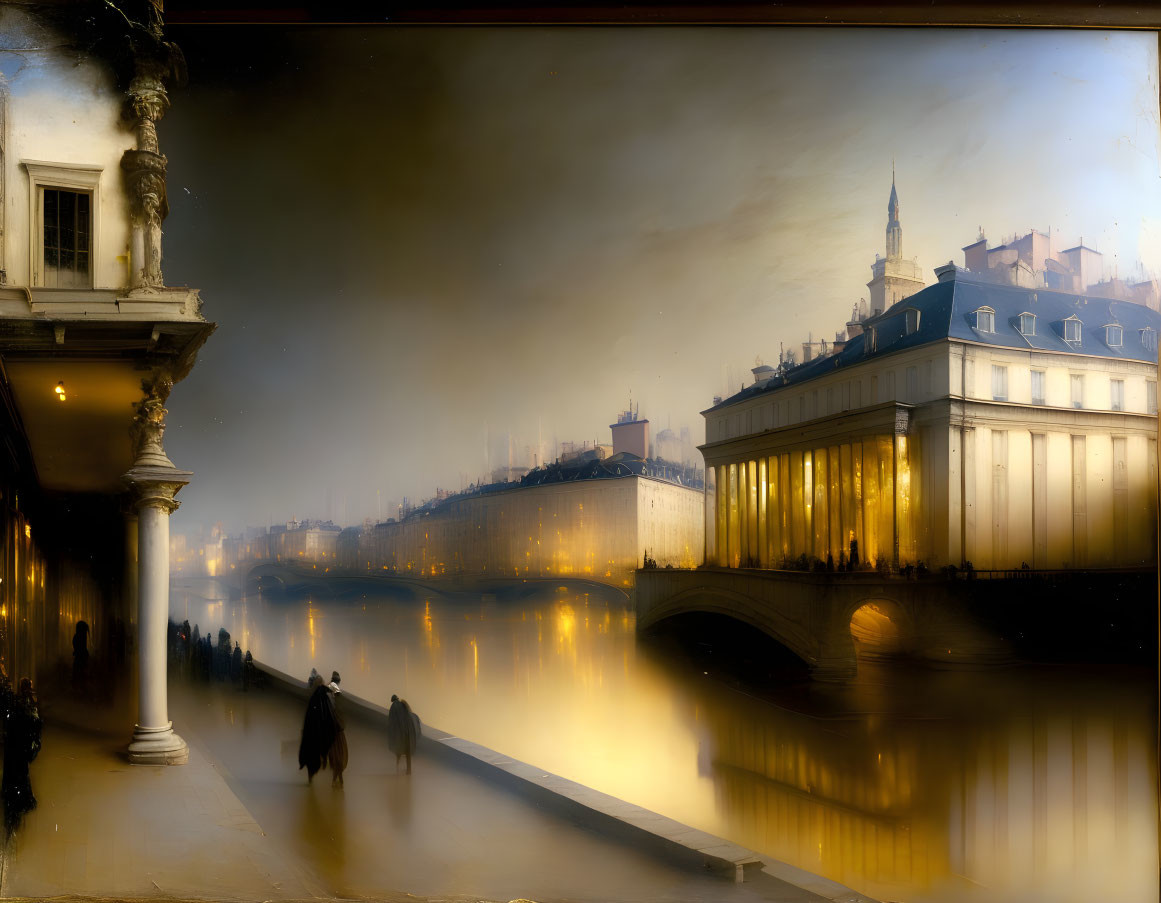 Vintage-toned painting of people strolling by a river with illuminated buildings and a bridge at dusk or