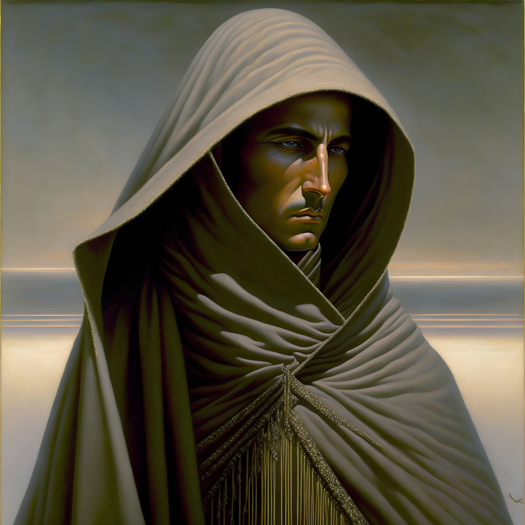 Solemn cloaked figure in hood, intense gaze, monochromatic backdrop