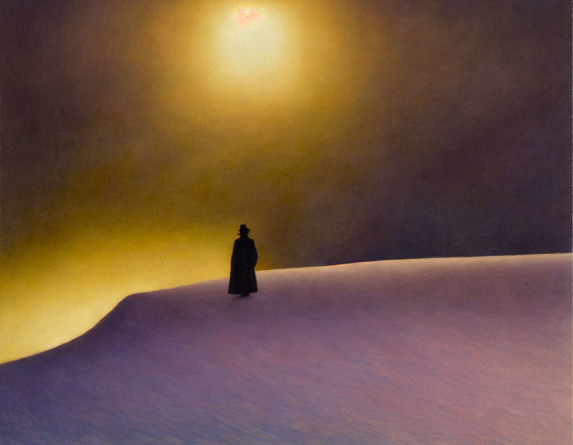 Solitary Figure in Cape on Snowy Hill under Warm Sky