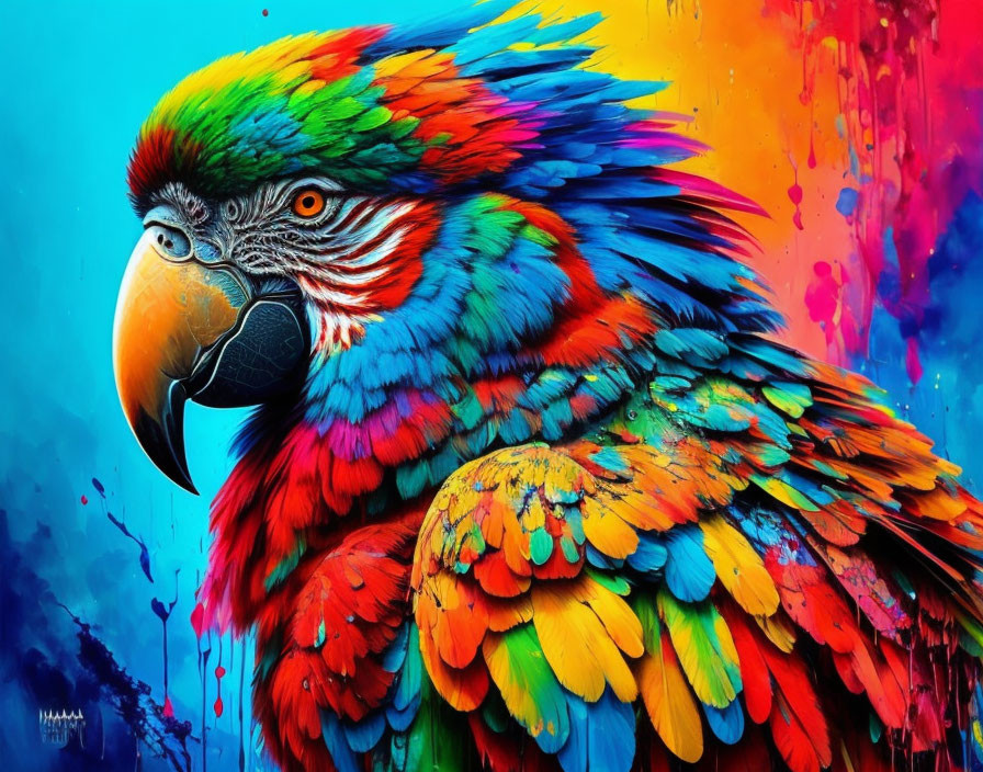 Vibrant Parrot Artwork with Blue, Red, Yellow, and Green Splashes