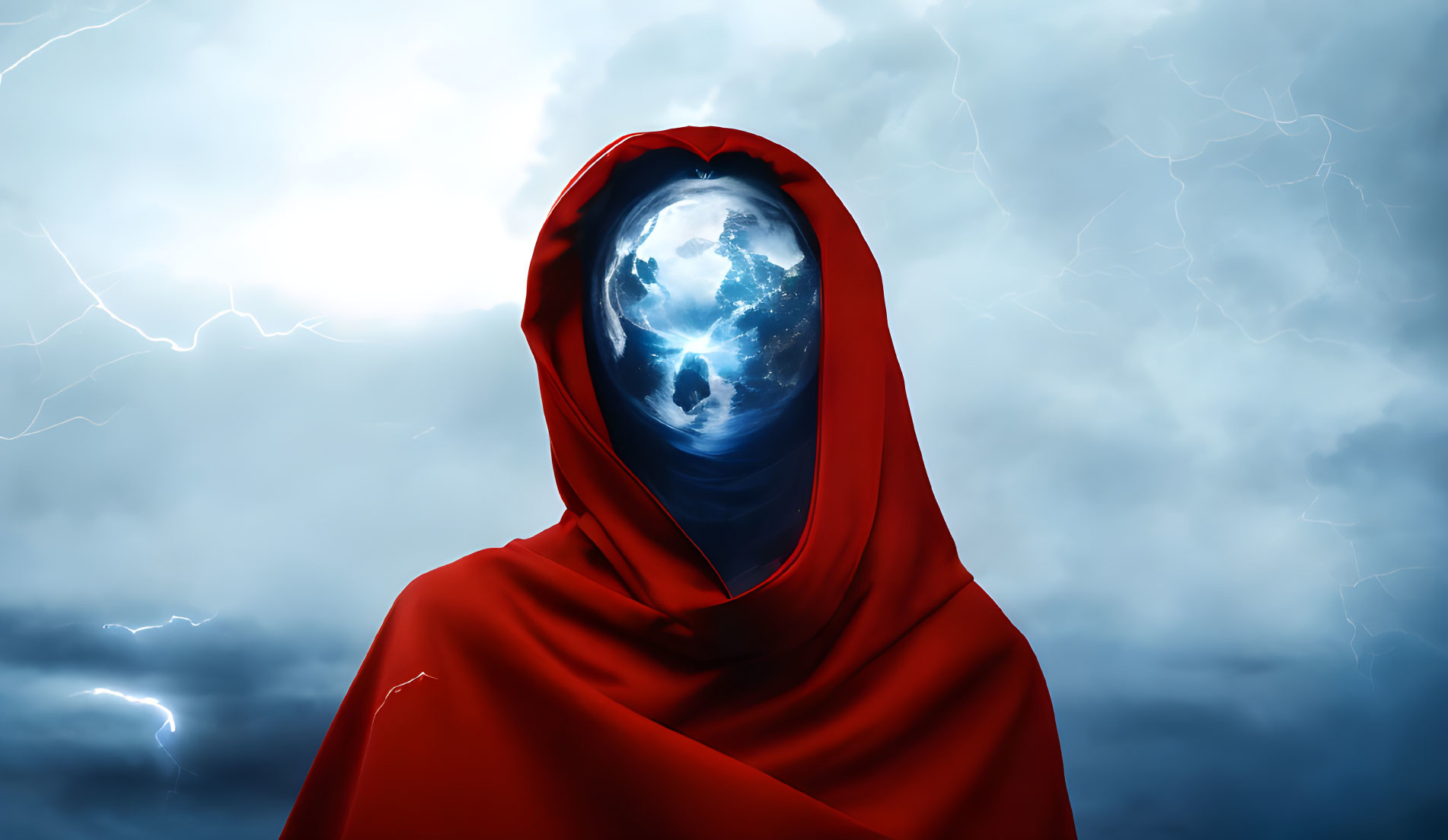 Red Cloaked Figure with Earth Face in Stormy Skies