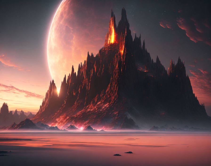 Alien landscape with towering spiky mountain and glowing red planet reflection.